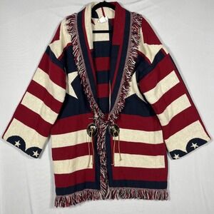 Vtg American Flag Tapestry Cardigan Long Jacket Hearts Fringe Concho Tie Closure